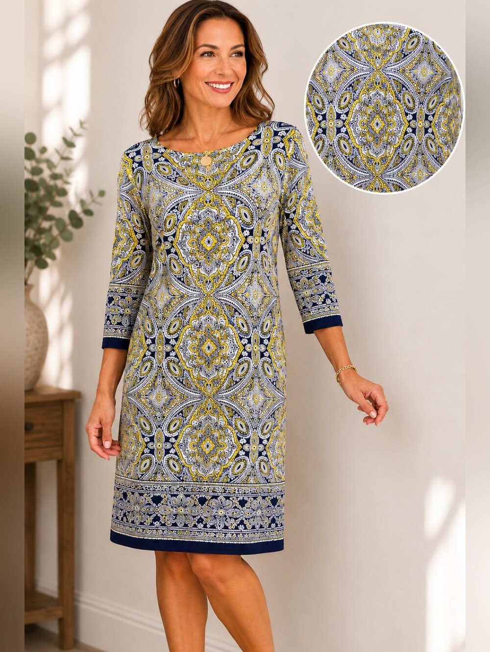 London Style Collection Paisley Print Shift Dress Women's Size 16 Blue Yellow